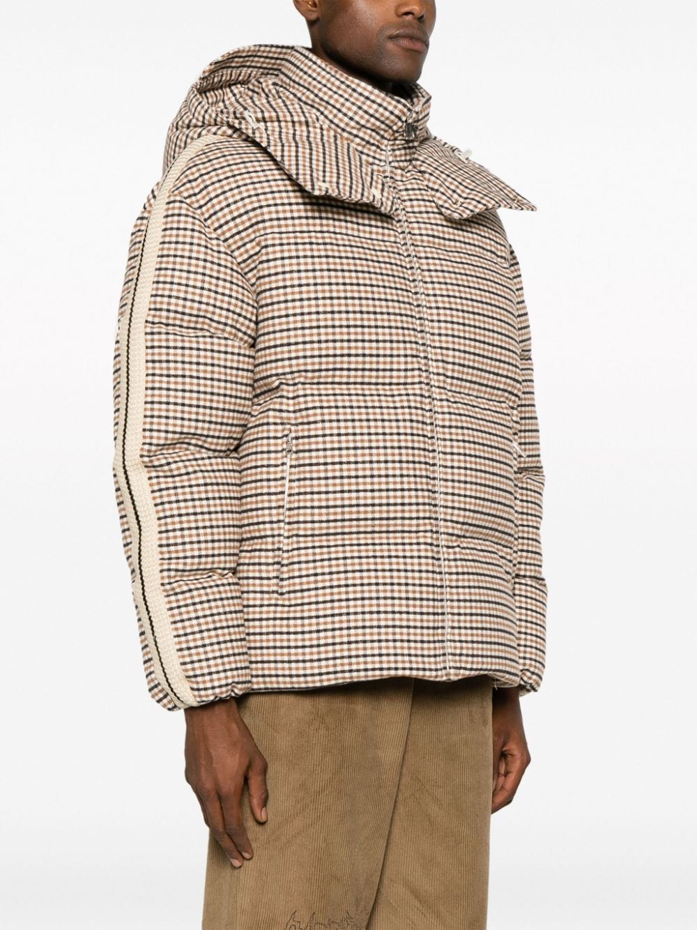 Check-pattern hooded puffer jacket