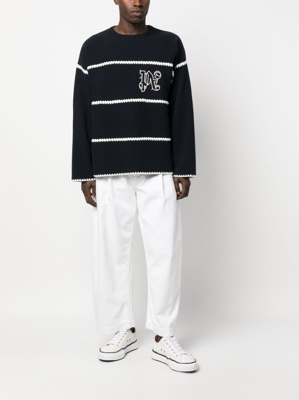 Embroidered-monogram striped jumper