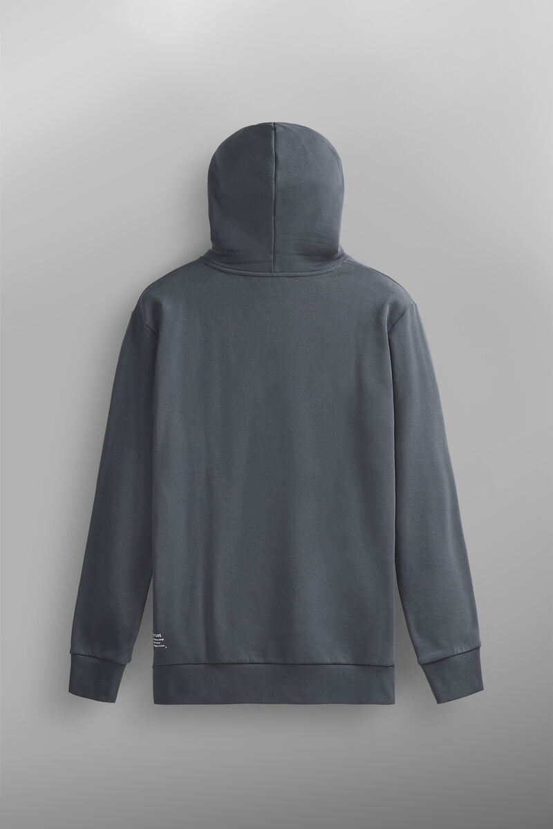 Dark blue hooded sweatshirt with embossed print
