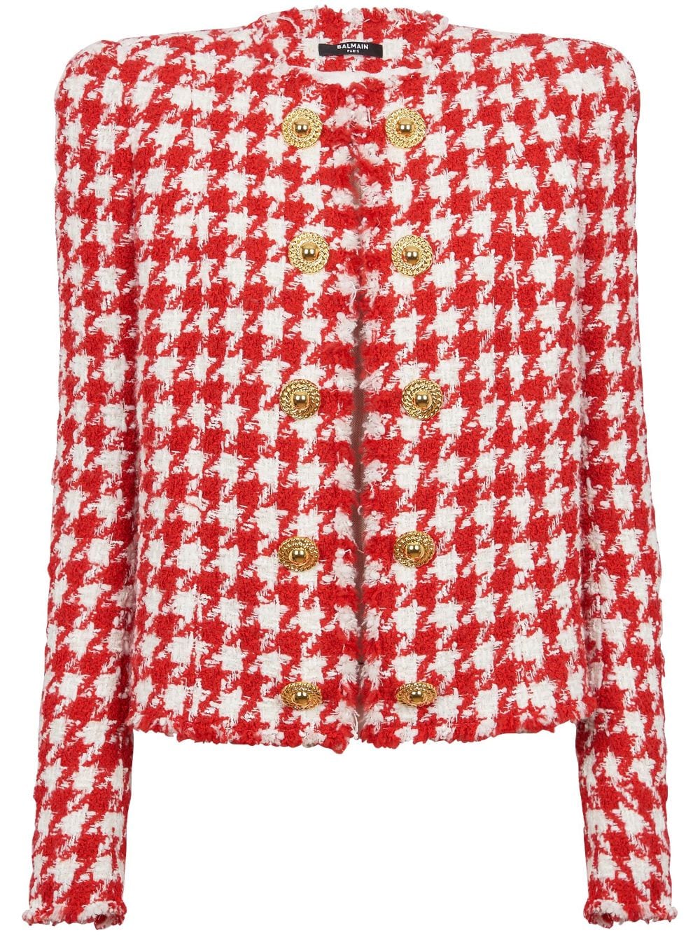 Senza colletto in tweed rosso/bianco con motivo pied de poule