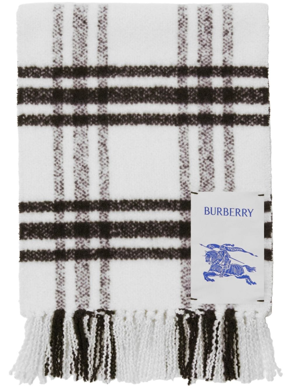 Check-pattern fringed wool scarf<BR/><BR/><BR/>