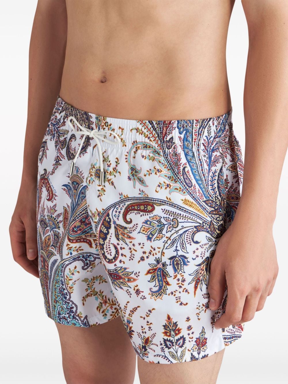 White multicolor paisley-print drawstring swim shorts<BR/><BR/><BR/>