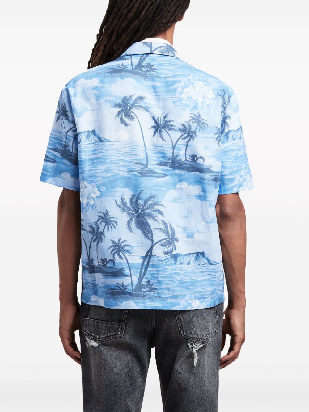Blue/white cotton-linen blend all-over graphic print shirt
