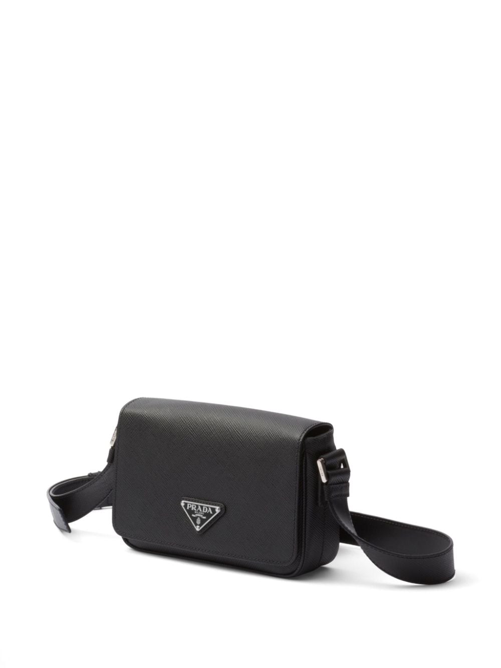 Borsa a spalla con patta logo triangolo in smalto saffiano<br><br><br>