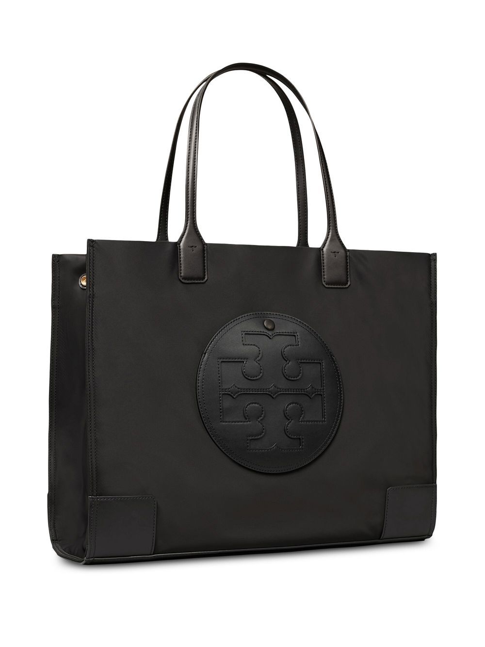 ecycled nylon, recycled polyester, artificial leather, embossed logo to the front, two top handles and open top.