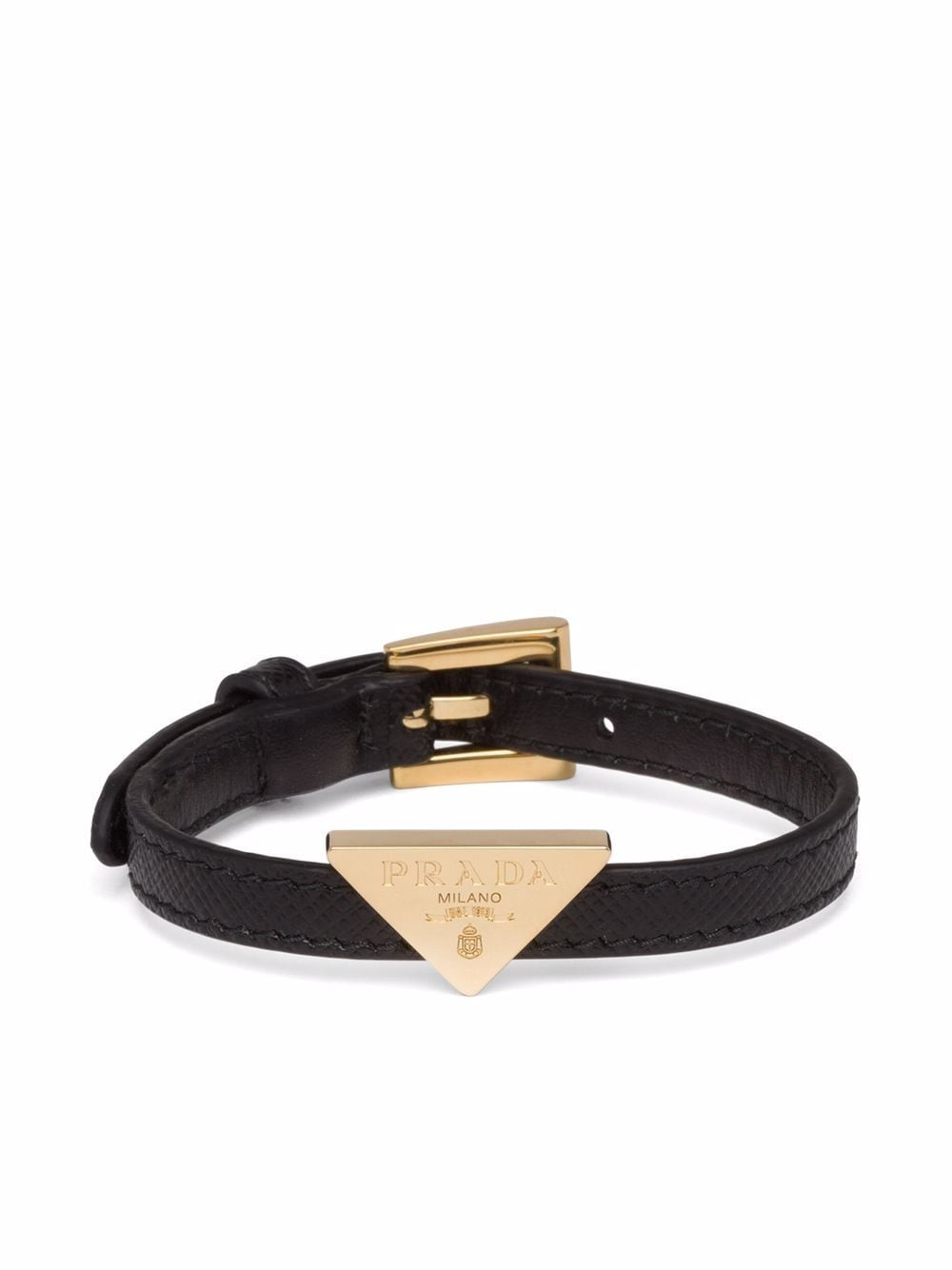 Black leather/brass triangle-logo leather bracelet