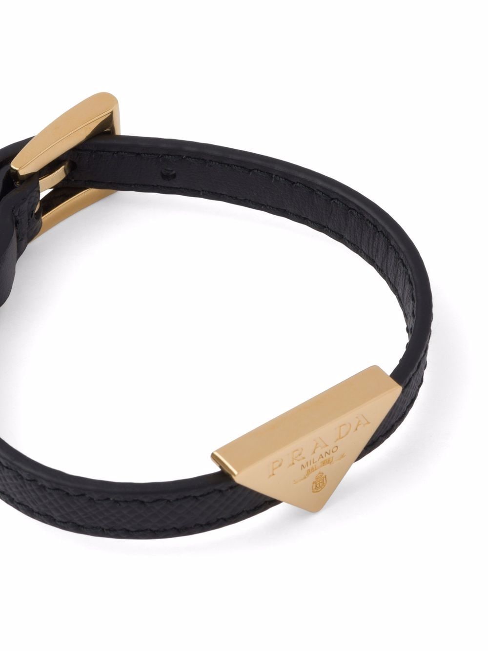 Black leather/brass triangle-logo leather bracelet