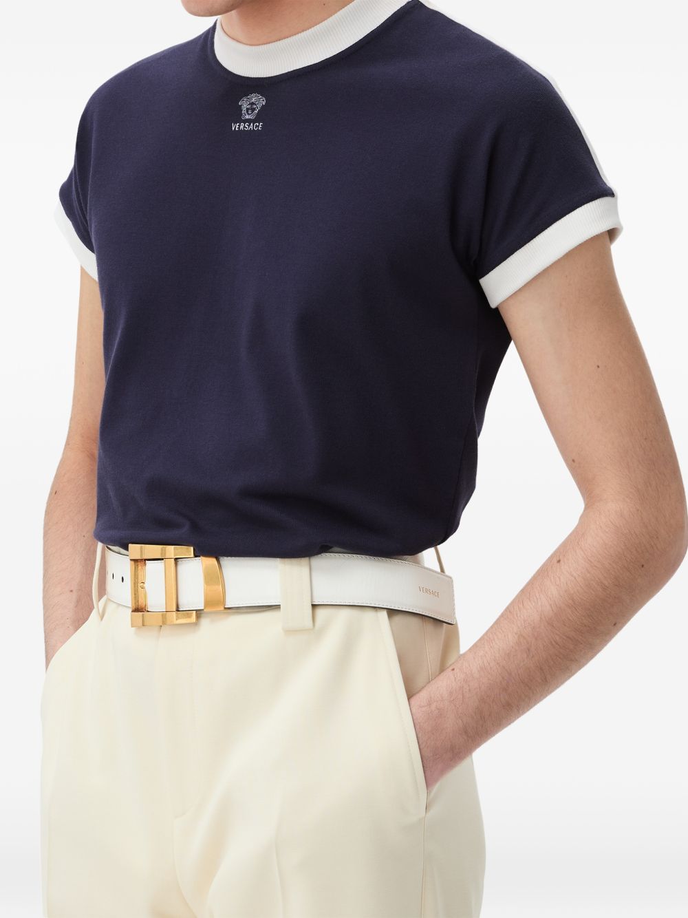 embroidered-logo stretch cotton-jersey slim T-shirt 1024824 1A186392U4M0 VERSACE 