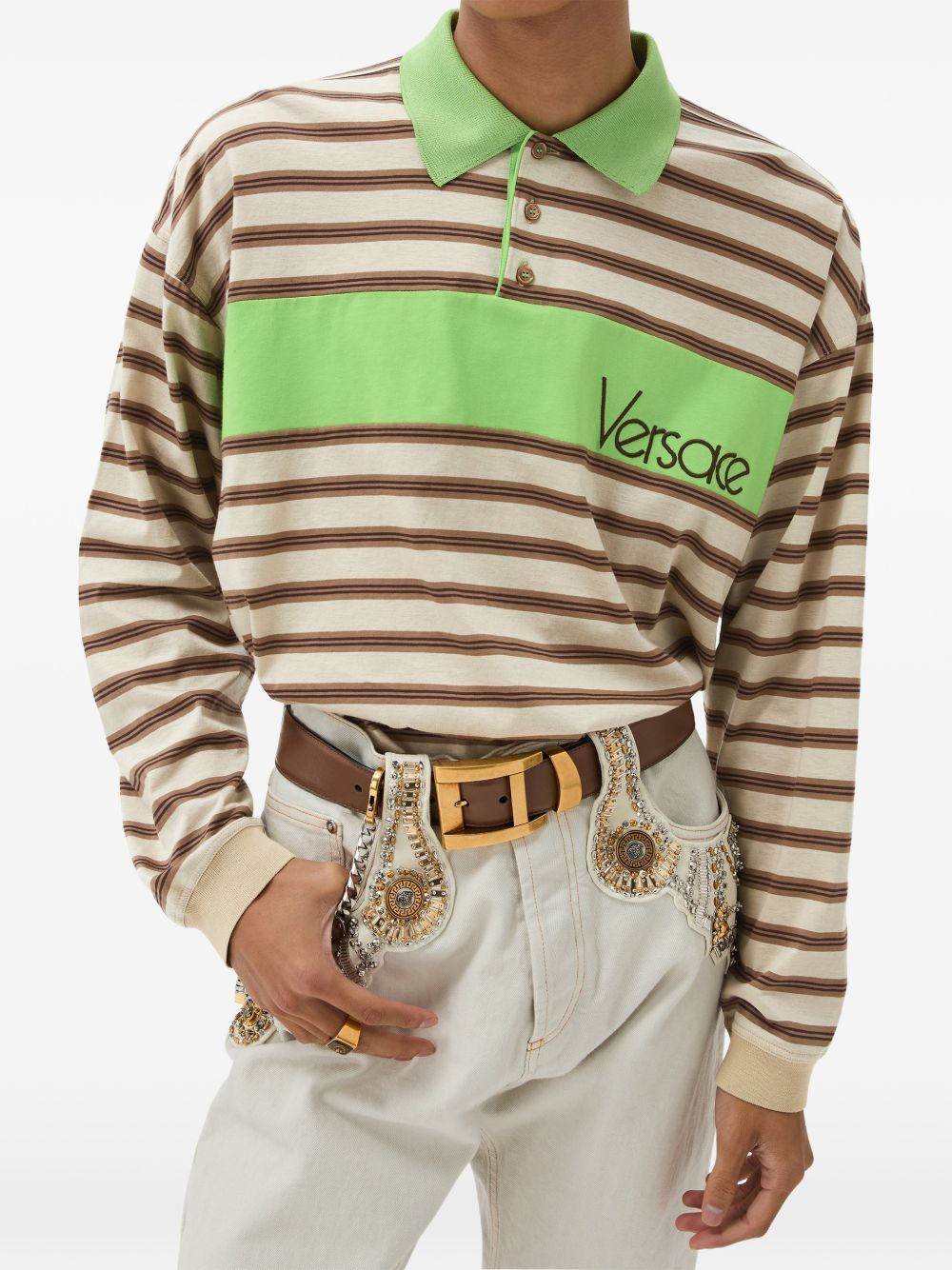 logo-embroidered striped polo shirt 1025512 1A184396K980 VERSACE 