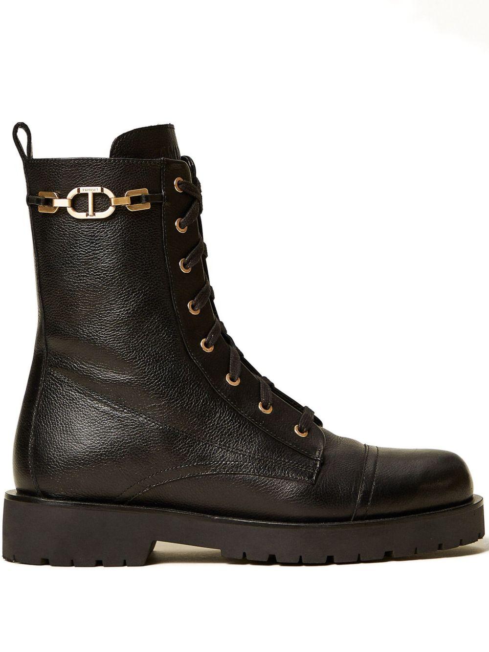 Leather combat boots with chain and Oval T 252TCP150 00006 TWINSET 