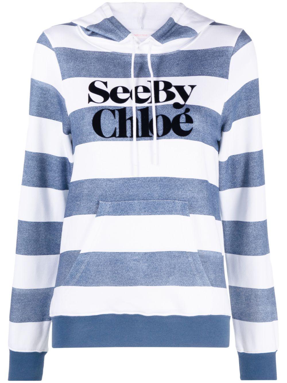 chalk white/steel blue  striped logo-print hoodie CHS22AJH10080 99G SEE BY CHLOÉ 