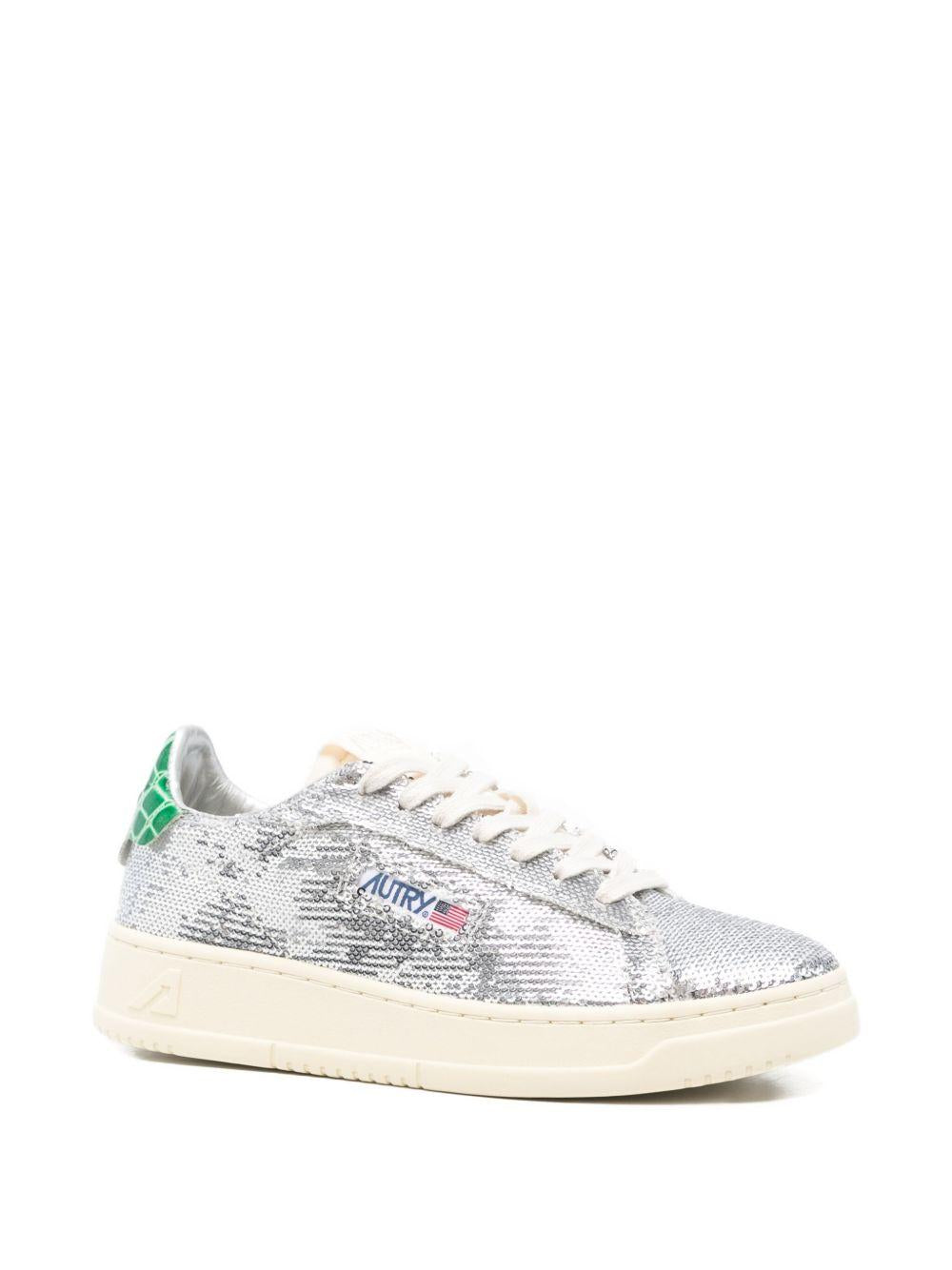 Autry Bloom collection<BR/>DALLAS LOW 'SPARKLING' SNEAKERS IN SILVER AND GREEN SEQUINS ADLW TI01PAILLET/CROSILVER/GRN AUTRY 