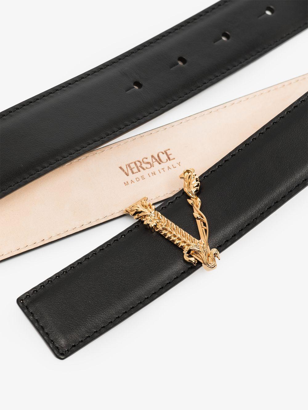 Black leather Virtus buckle leather belt DCDH224 DV3TKVO41 VERSACE 