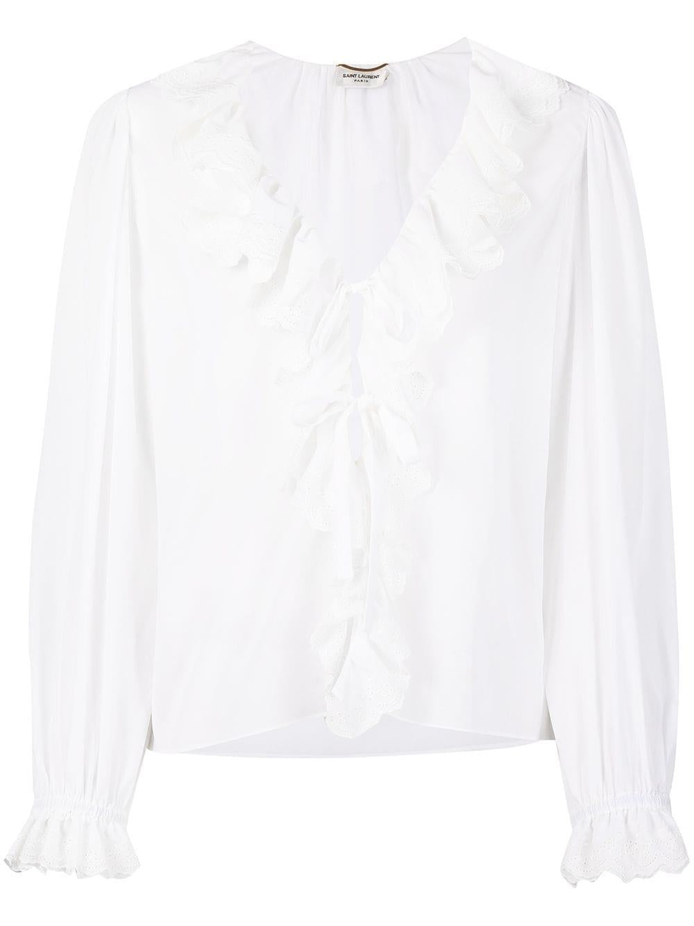 White cotton ruffle V-neck blouse 647958Y001R 9000 SAINT LAURENT 