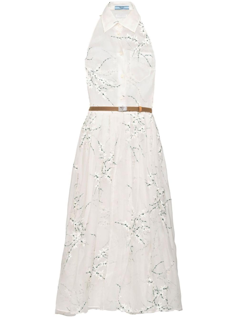 Floral-embroidered silk midi dress<BR/><BR/><BR/> P3L88R 14KFF0009 PRADA 