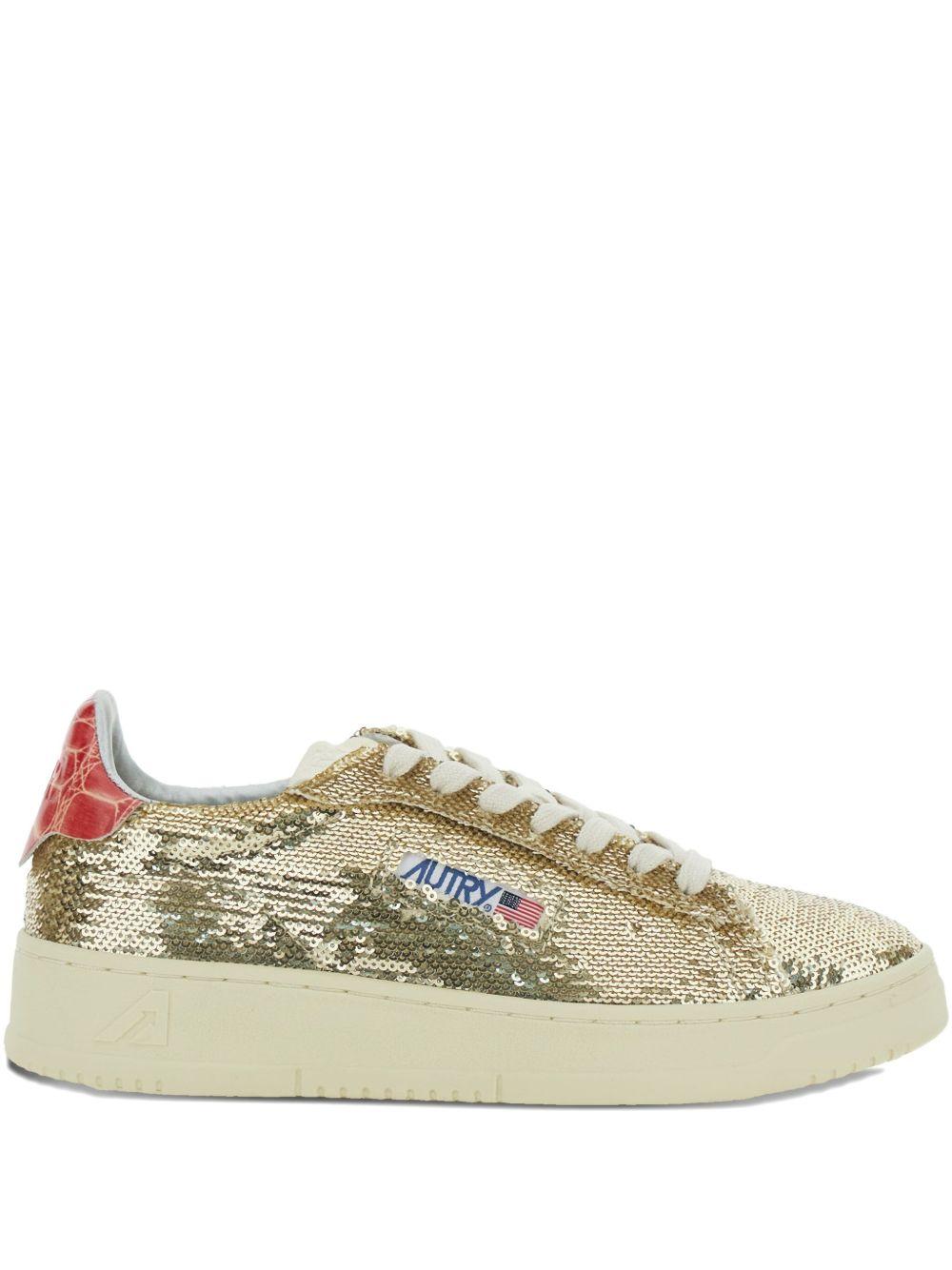 Autry Bloom Collection<BR/>DALLAS LOW 'SPARKLING' SNEAKERS IN PLATINUM SEQUINS ADLW TI03PAILLET/CROPLATINUM/RED AUTRY 