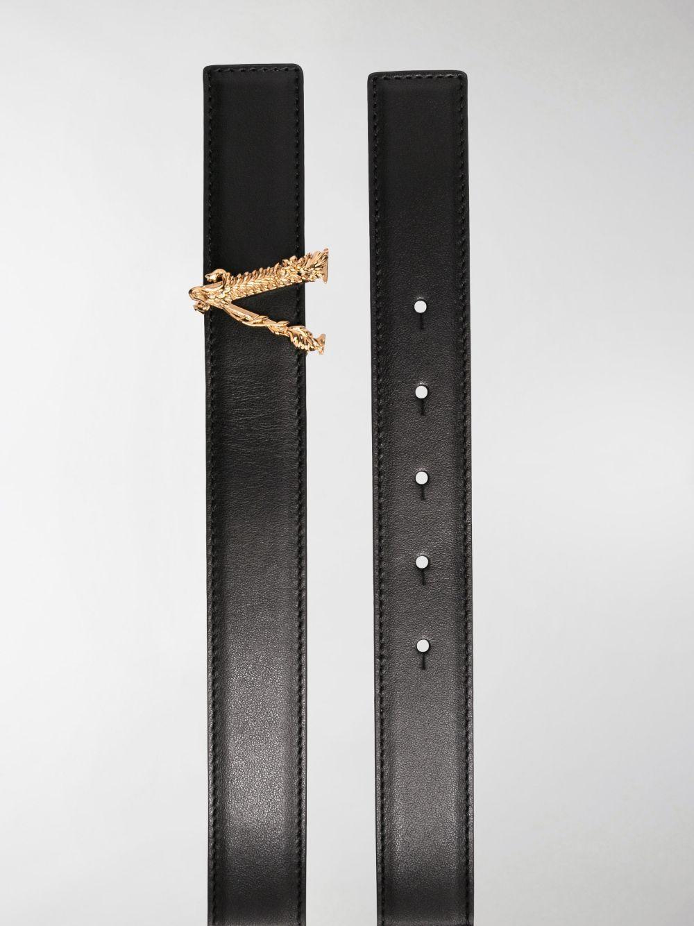 Black leather Virtus buckle leather belt DCDH224 DV3TKVO41 VERSACE 