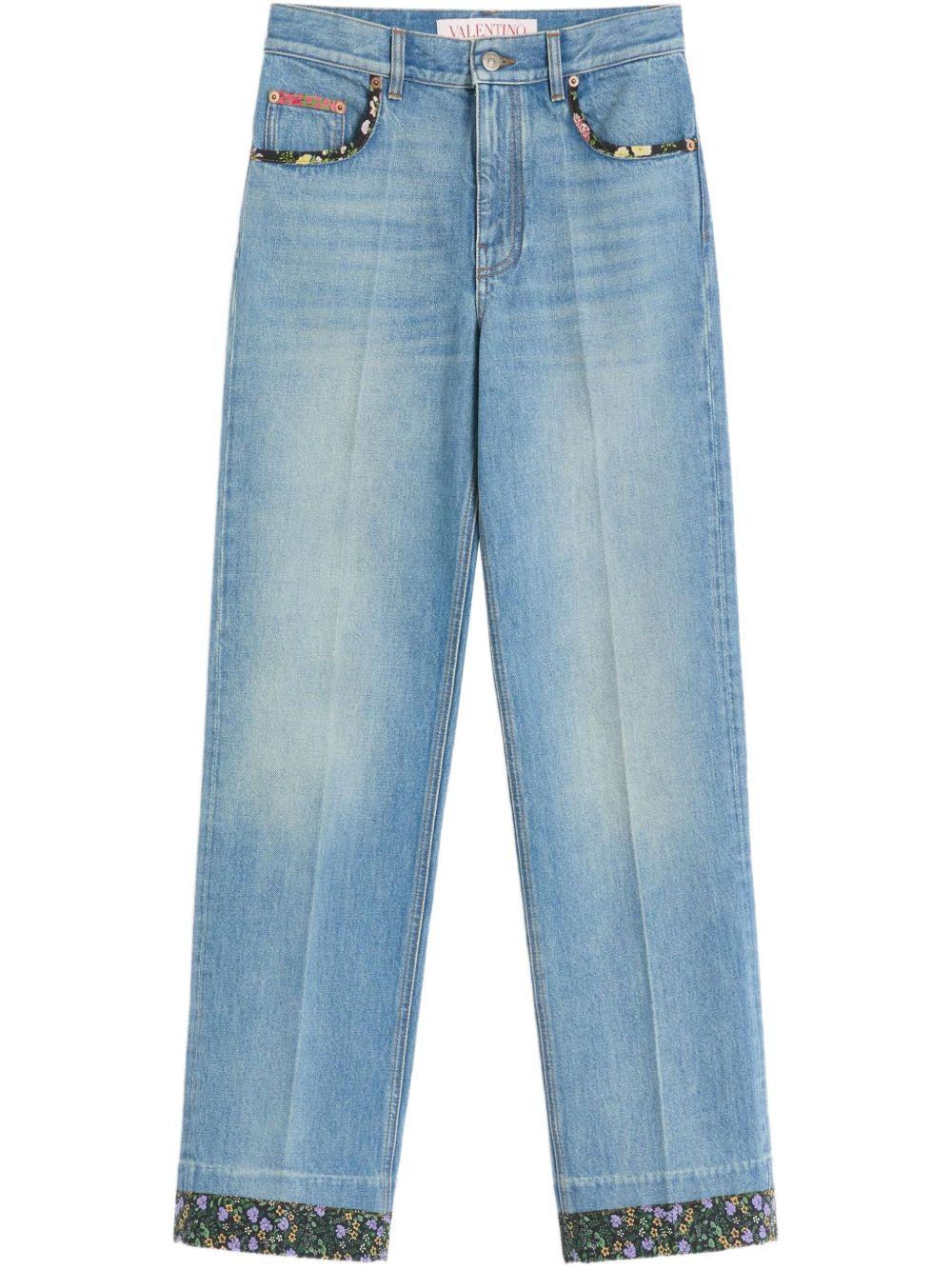 Wide-leg jeans crafted with floral print fabric trim 6B0DD19X94V 558 VALENTINO GARAVANI 