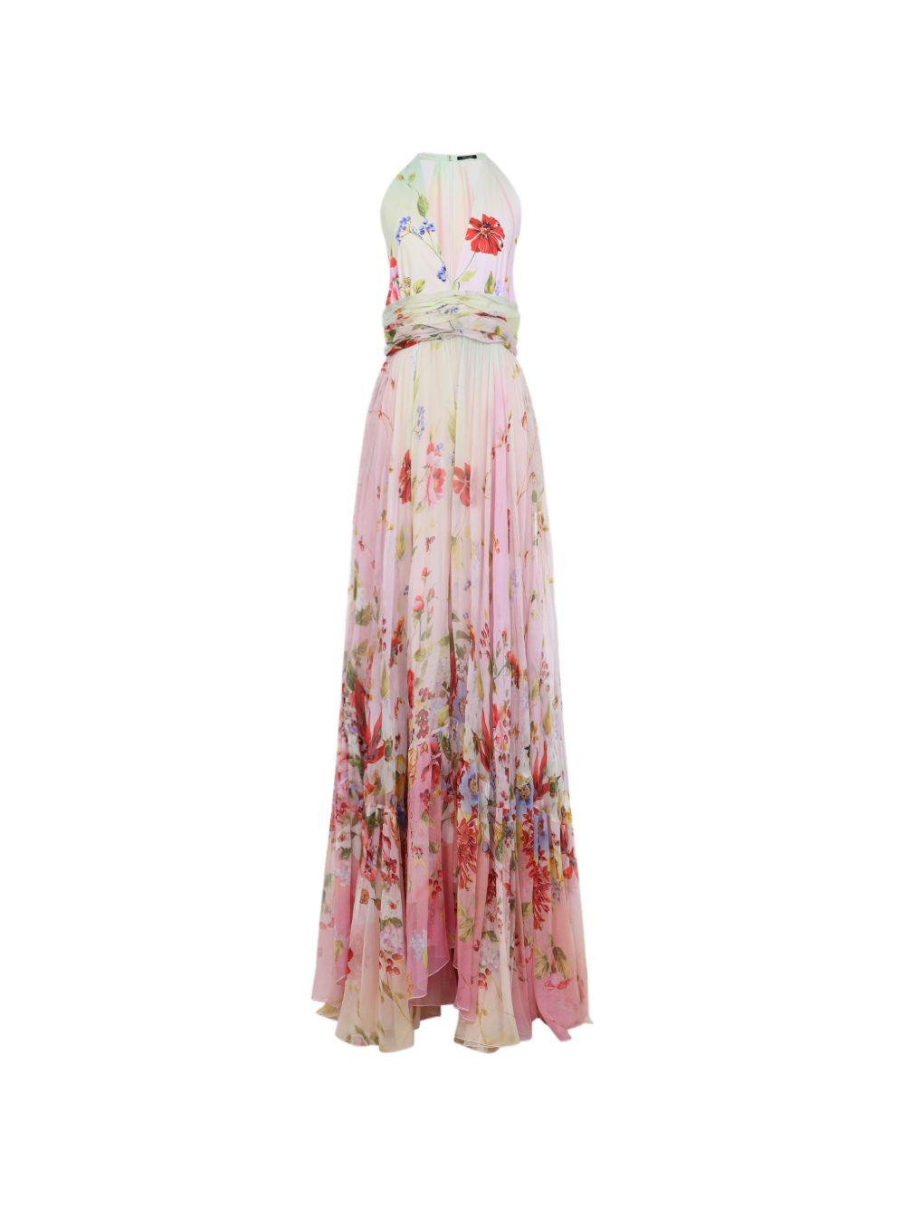 Long Chiffon Dress with Miami Flowers Print WQT175 CKR3209000 ROBERTO CAVALLI 