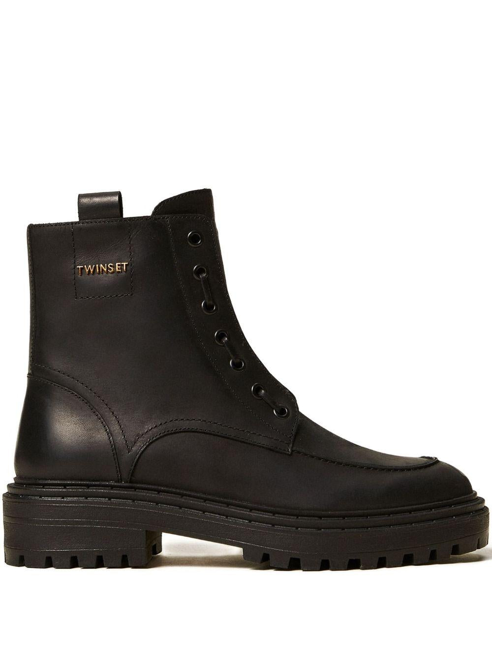 Leather chunky boots with logo 252TCP184 00006 TWINSET 
