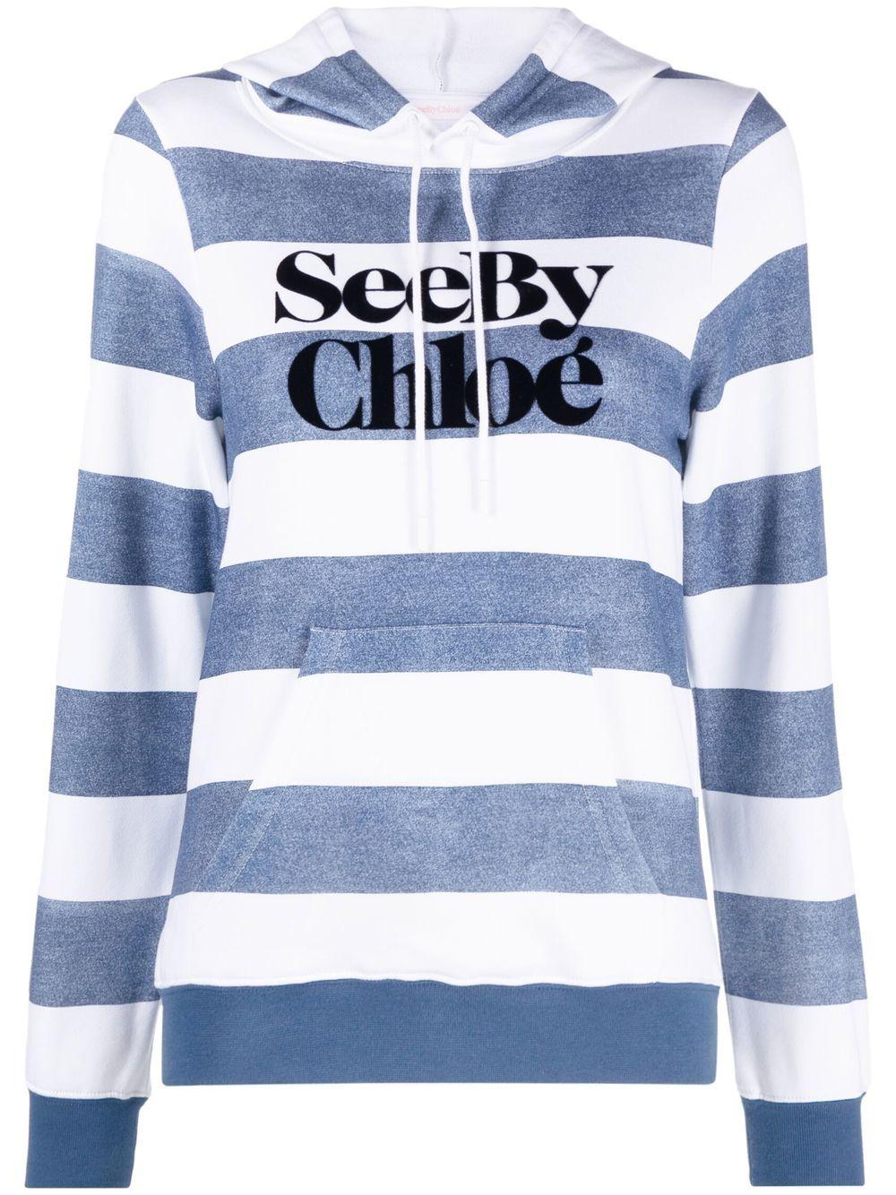 chalk white/steel blue  striped logo-print hoodie CHS22AJH10080 99G SEE BY CHLOÉ 