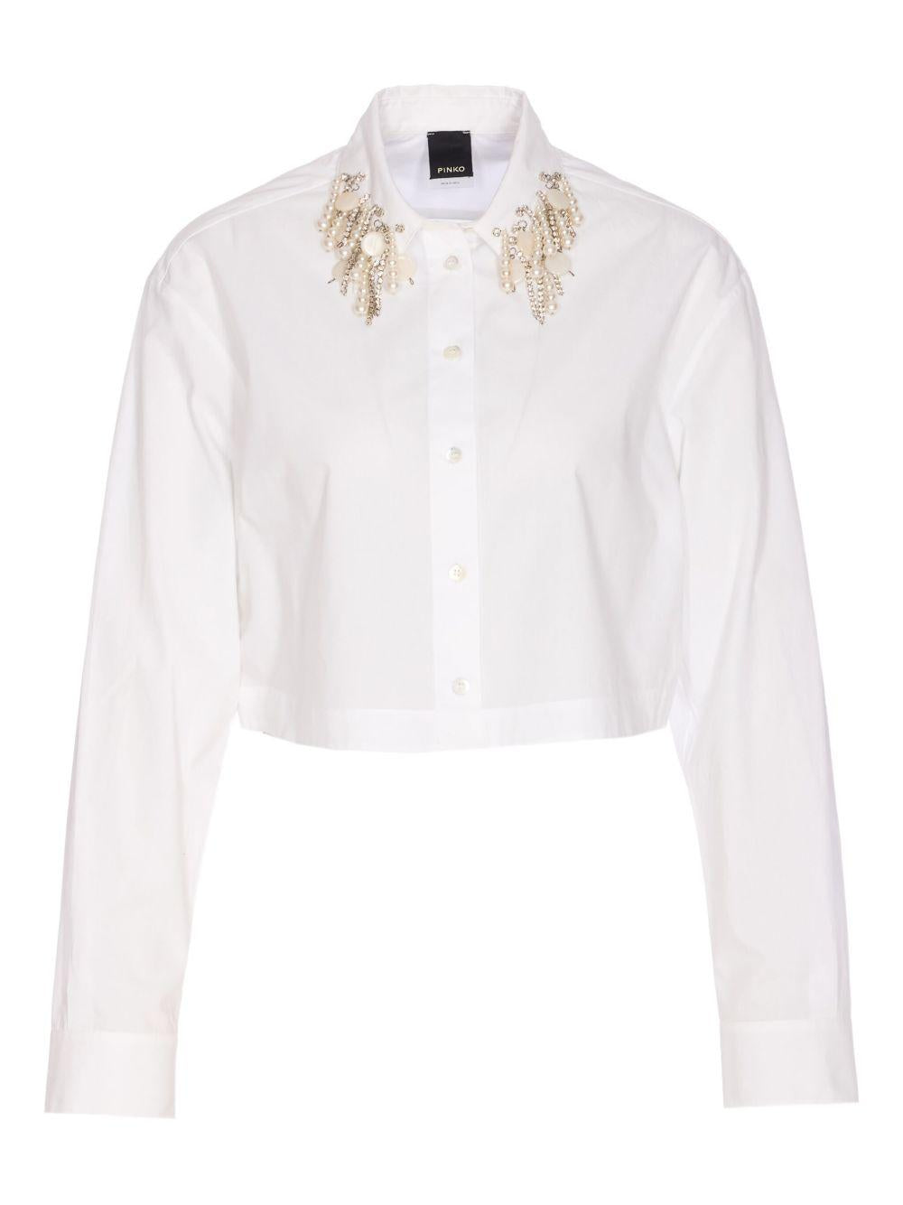 Cropped shirt with bejewelled appliqués 105620 A2EUZ04 PINKO 