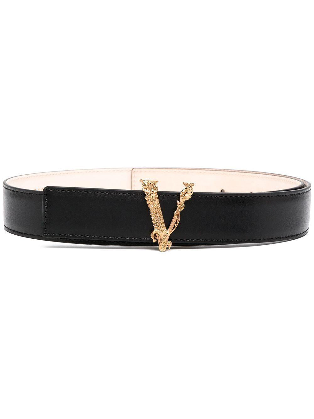 Black leather Virtus buckle leather belt DCDH224 DV3TKVO41 VERSACE 