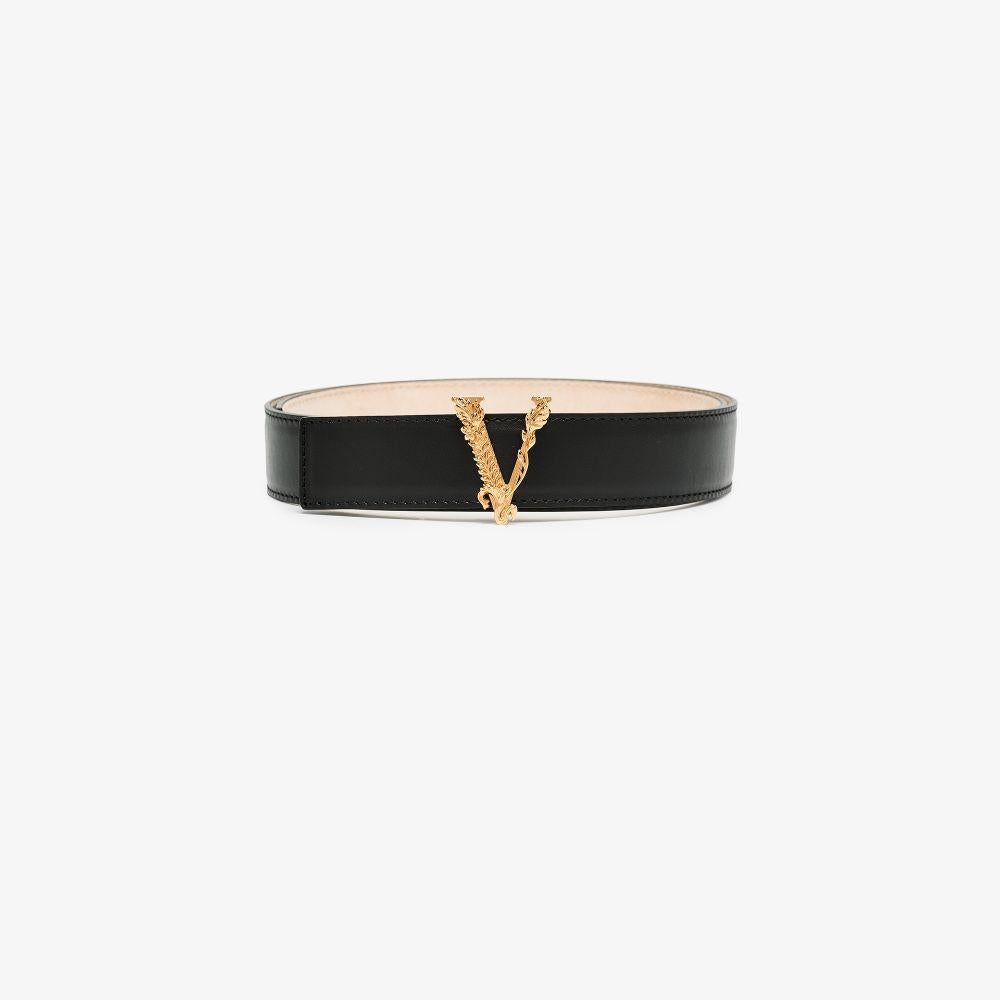 Black leather Virtus buckle leather belt DCDH224 DV3TKVO41 VERSACE 