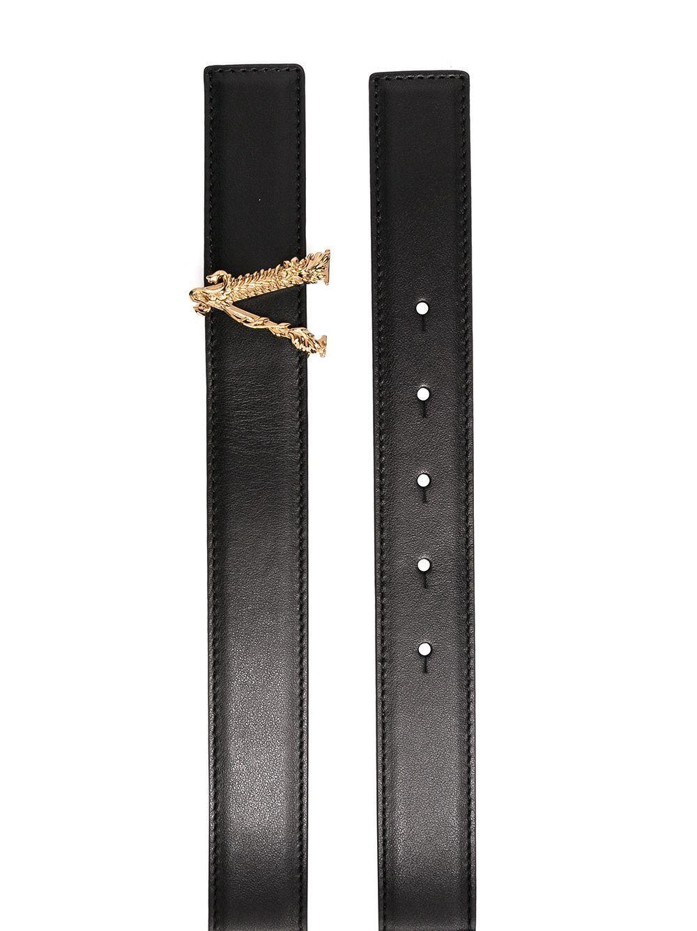 Black leather Virtus buckle leather belt DCDH224 DV3TKVO41 VERSACE 
