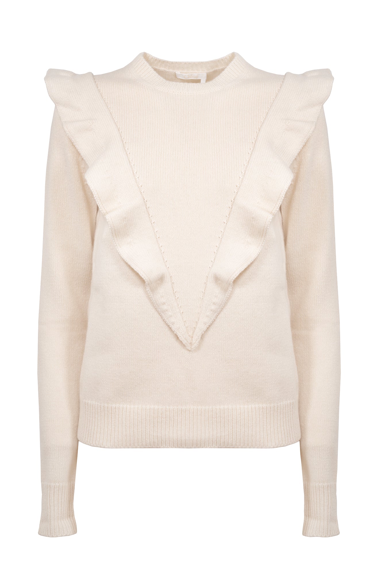 Crew-neck jumper with white ruffles