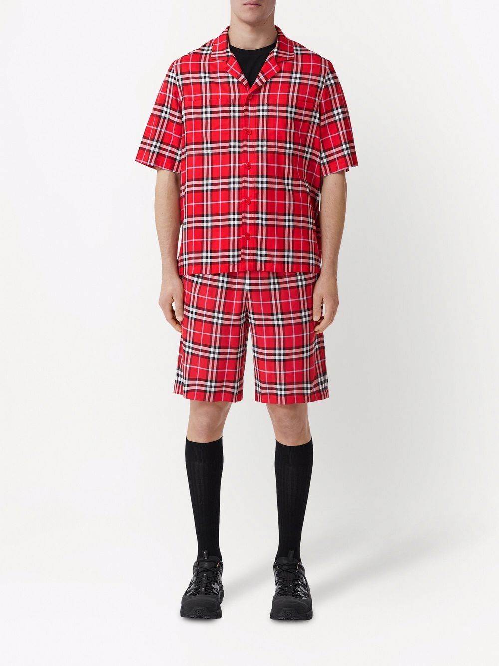 Red/black/white cotton short-sleeve checked shirt