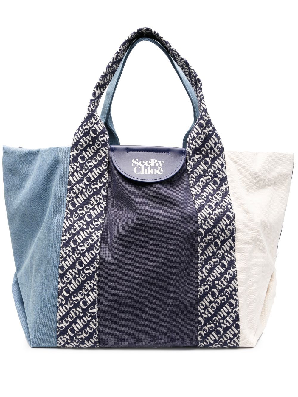 Light blue/navy blue cotton logo print tote bag
