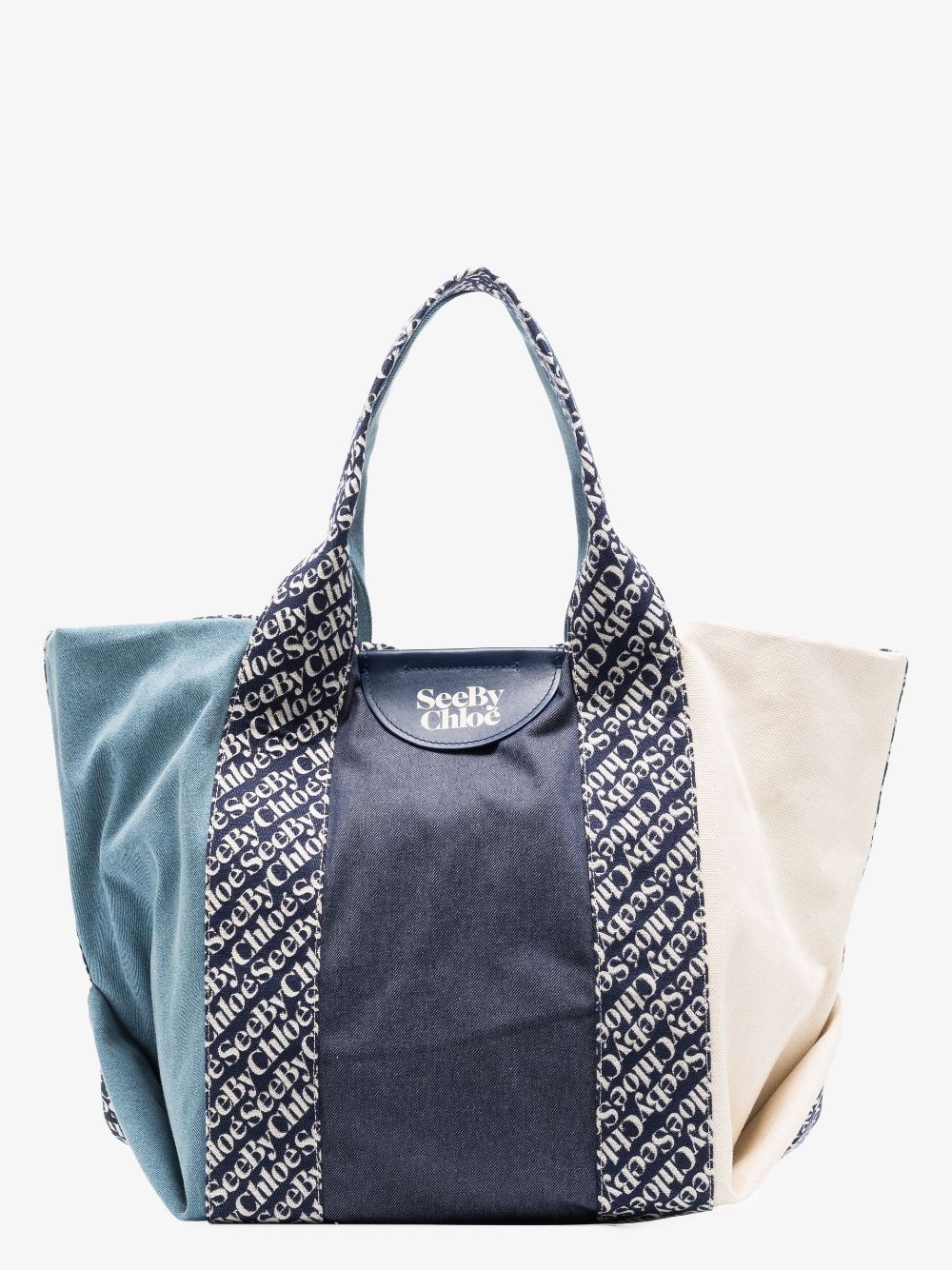 Light blue/navy blue cotton logo print tote bag