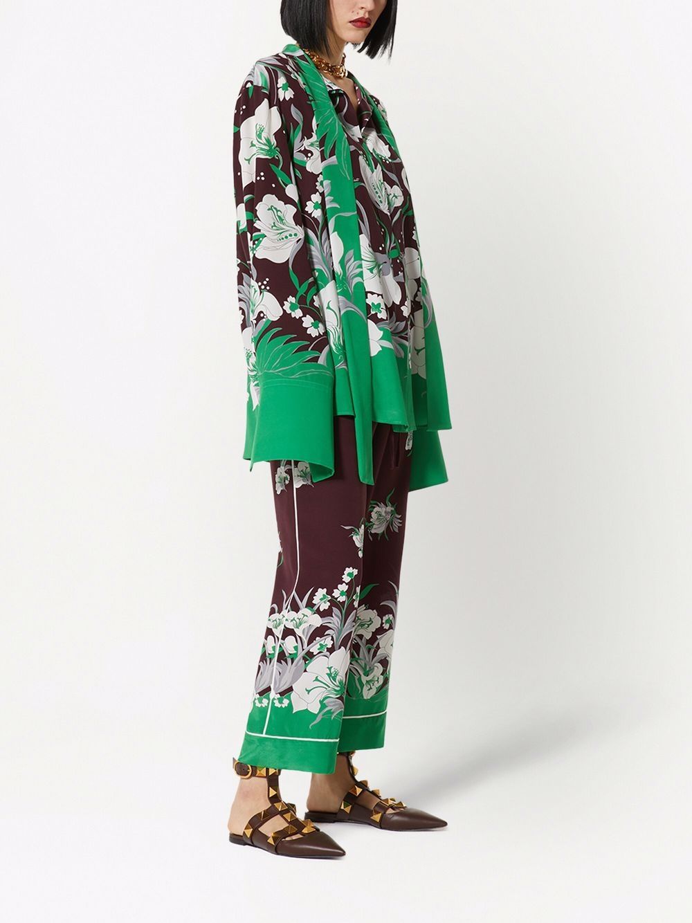 Brown/green silk floral pattern palazzo trousers