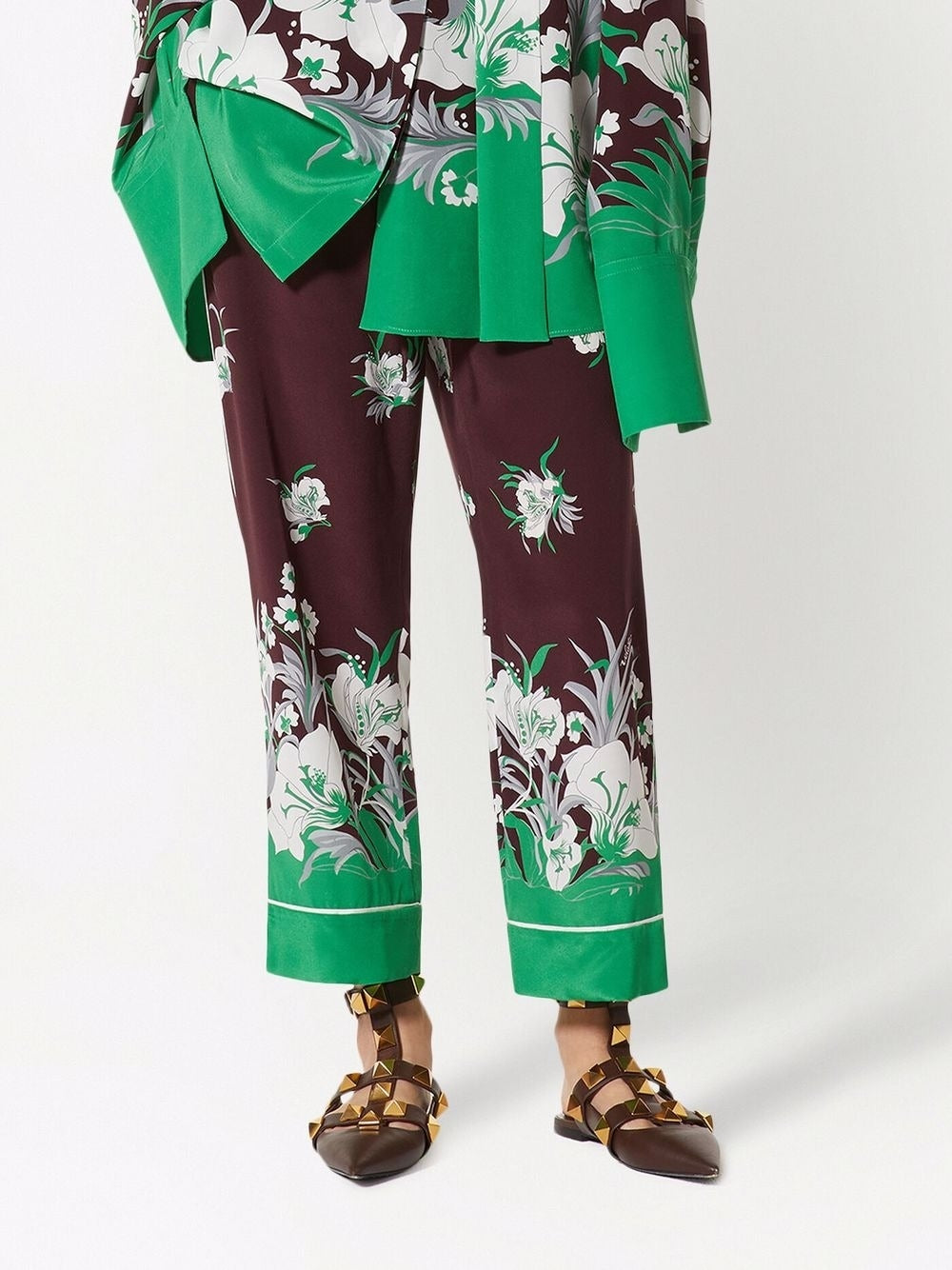 Pantalone palazzo in seta fantasia floreale marrone/verde
