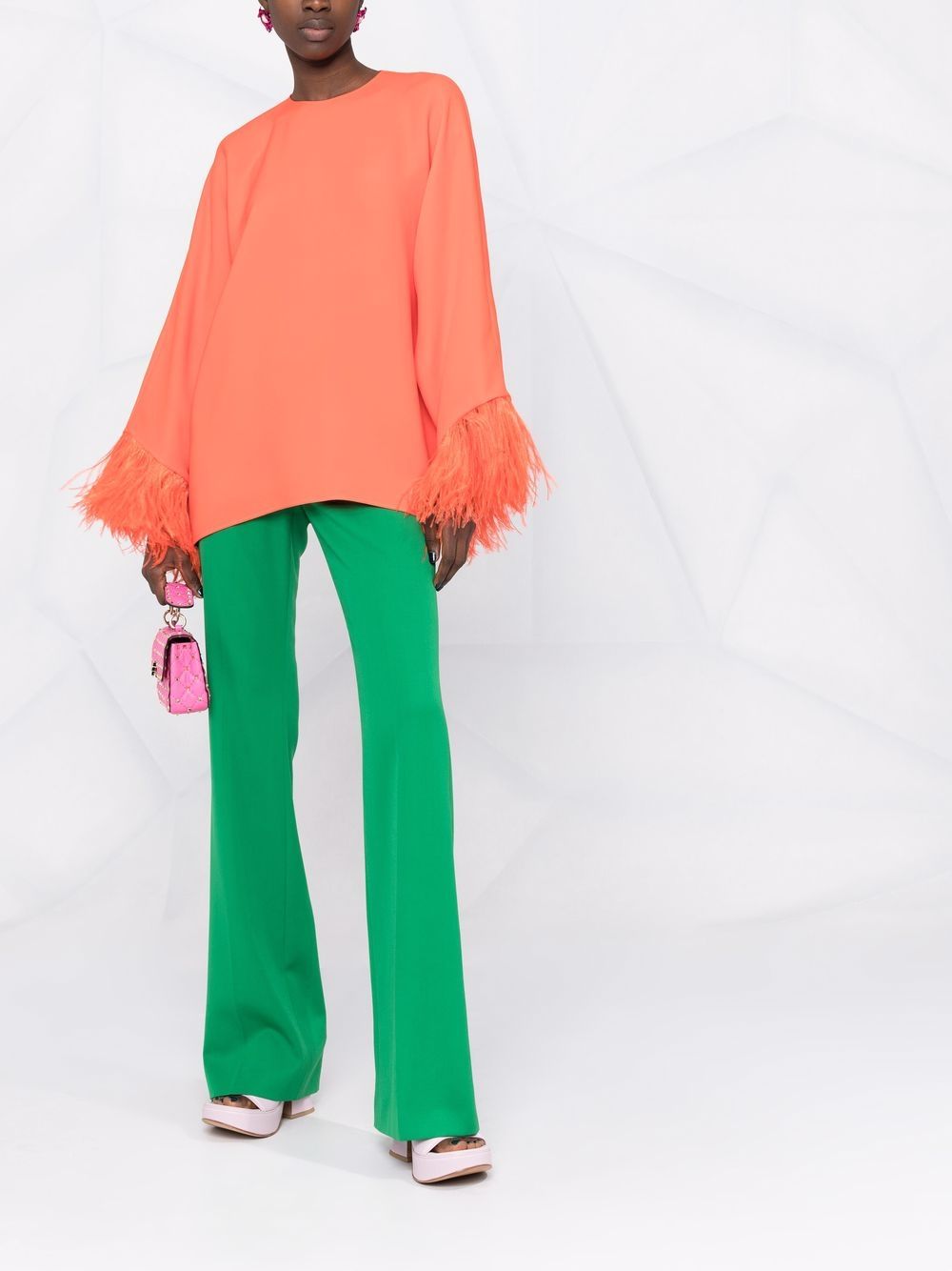 Orange silk feather-embellished blouse
