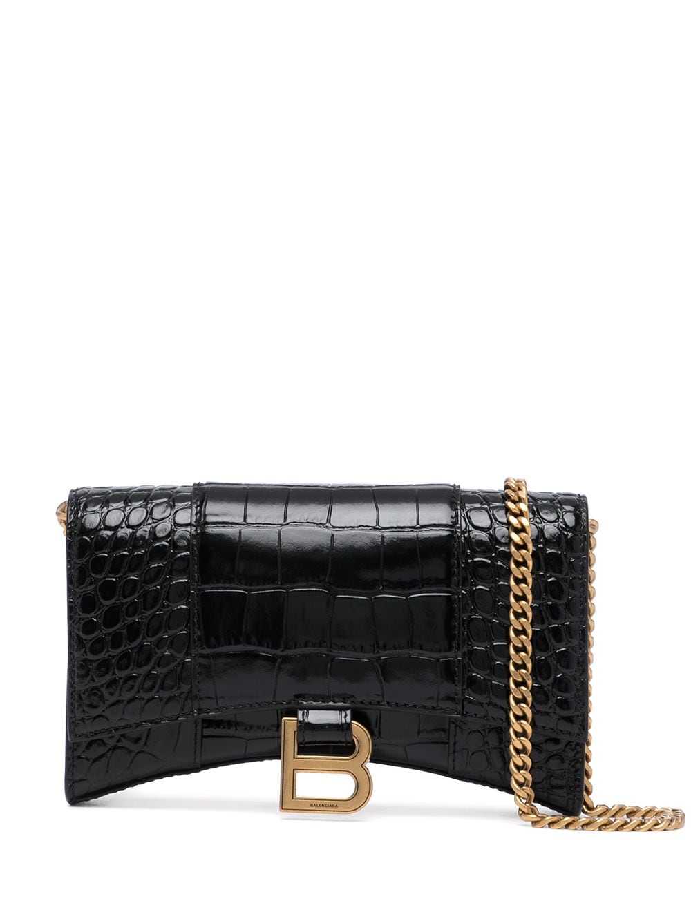 Black/gold leather Hourglass crocodile-effect chain wallet