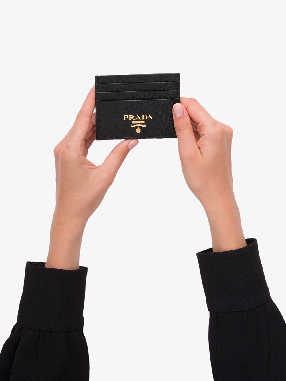 Black calf leather compact front logo cardholder